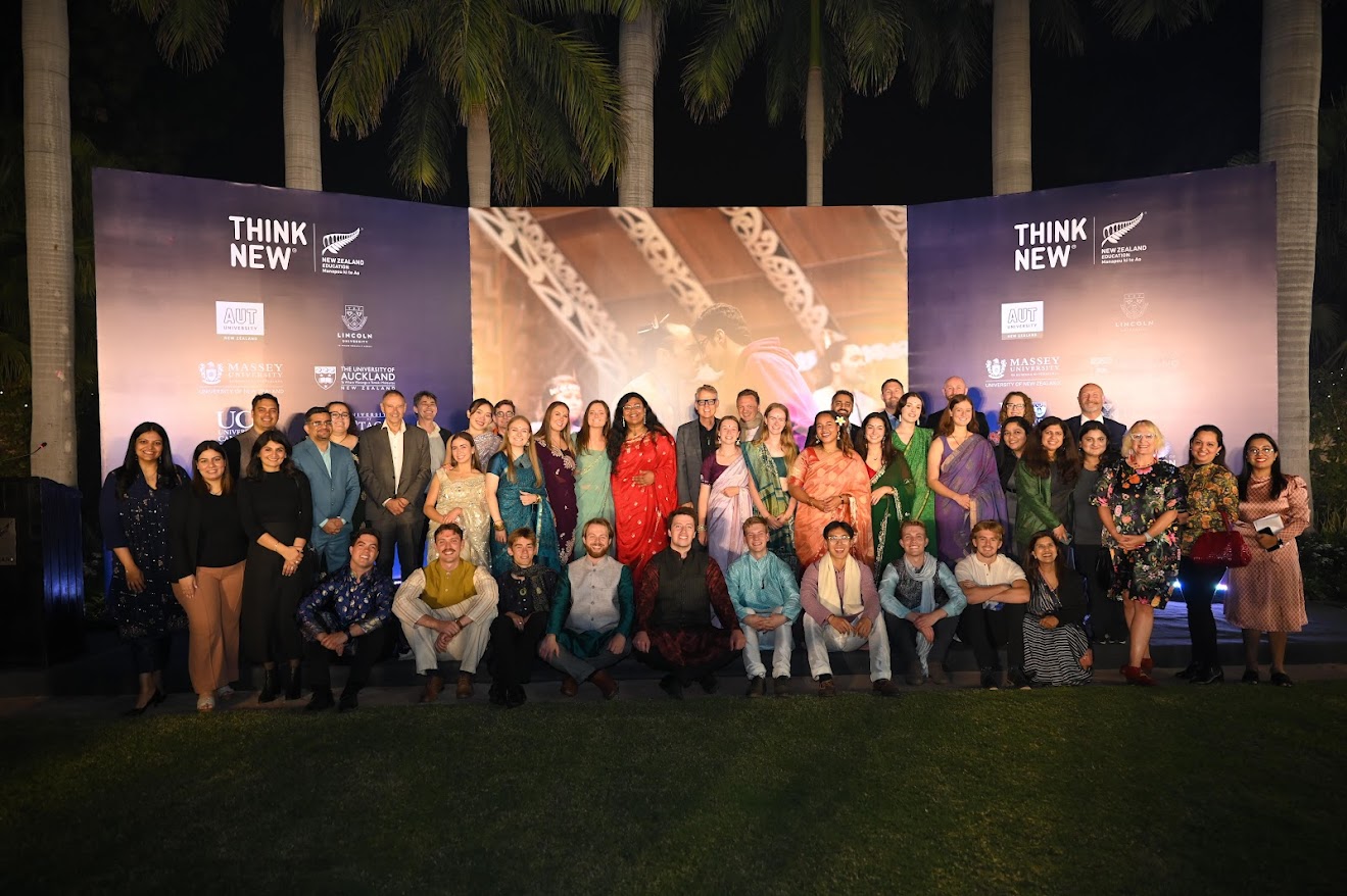 Prime Ministers Scholarships to Asia recipients with ENZ staff and university representatives at an evening reception at the New Zealand High Commission in New Delhi